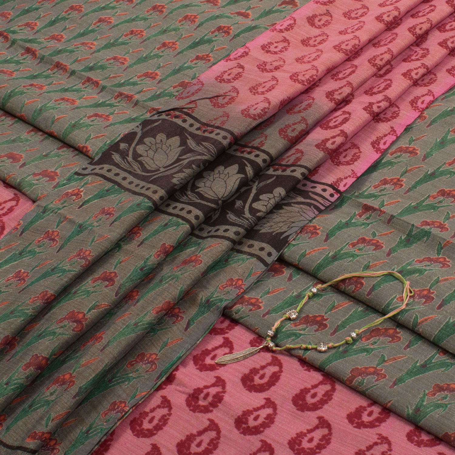 Green-Yellow Bhagalpuri Cotton Silk Suit with Mirror Work - SSEthnics